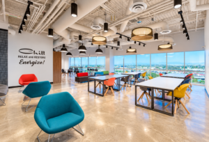 MEP engineering for office architects – NEXEN Office Carson 20,900-square-foot workplace renovation with conference rooms, training spaces, employee gym, and amenities.