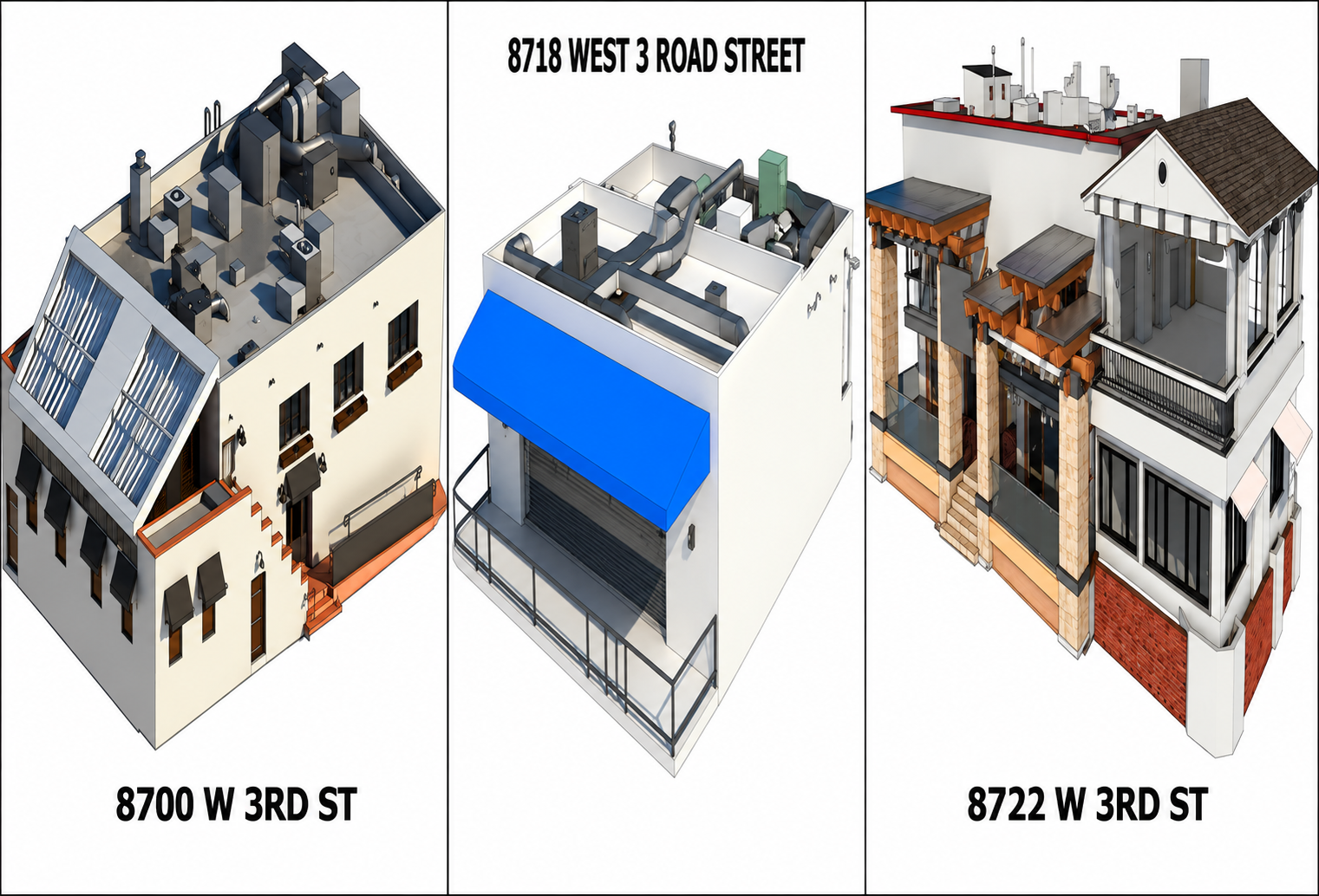 Electrical engineering for commercial architects – utility service upgrades for 8700 West 3rd Street, 8713 West 3rd Street, and 7627 Sunset Boulevard in Los Angeles, California.